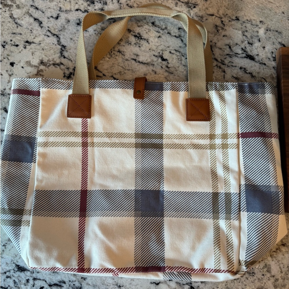Barbour Cream and Gray Plaid Tote